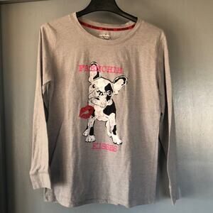 Joe Boxer Women's Gray Pullover Top Sz L French Bulldog Graphic Tee Long Sleeves